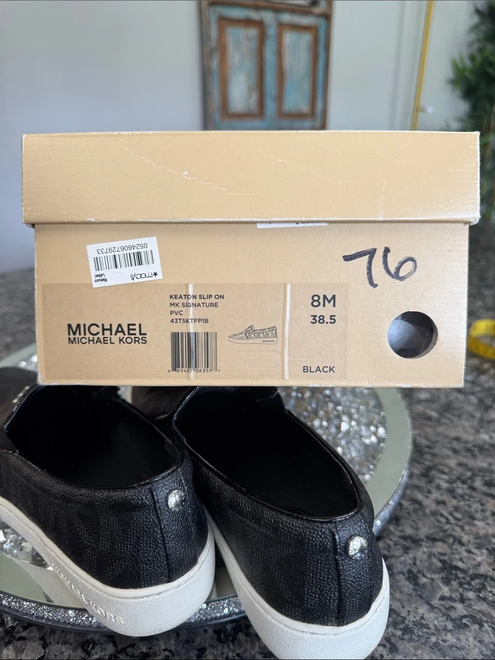 Michael Kors Black Logo-Print Slip-On Flats with White Sole
